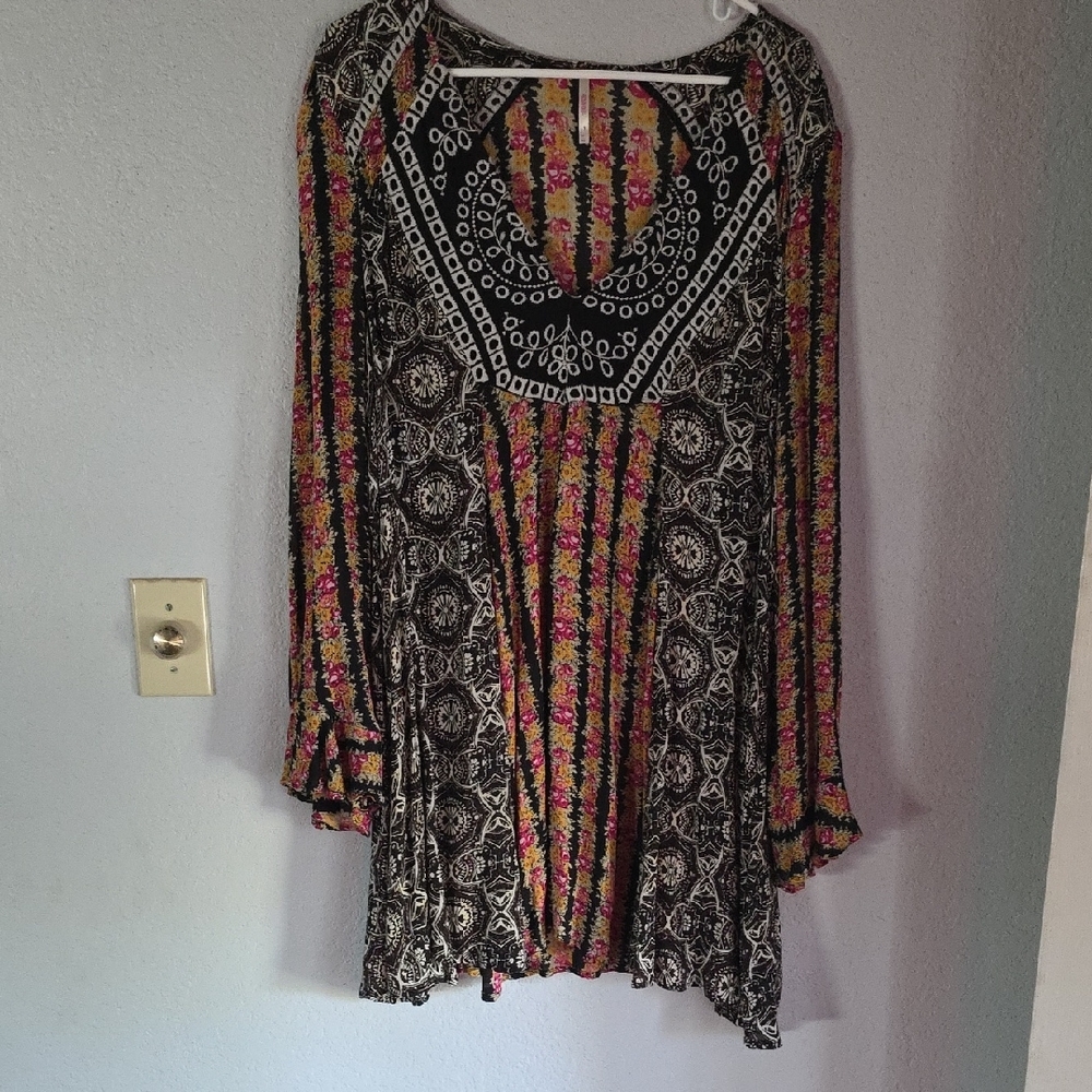 Free People Brown and Black Asymmetrical Bell Sleeve Tunic
